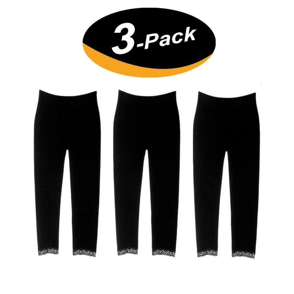 (3 Pack) Girls Leggings Full-length with Lace & elastic waistband (7-16 Black)